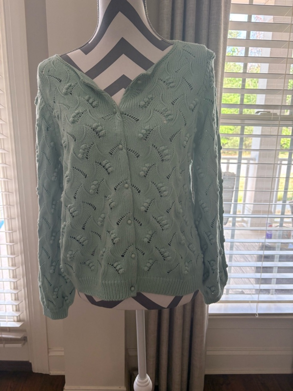 Sezane Mint Green Open-Knit Button Cardigan